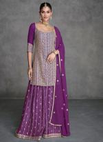 Real Georgette Purple Wedding Wear Embroidery Work Readymade Plazzo Suit